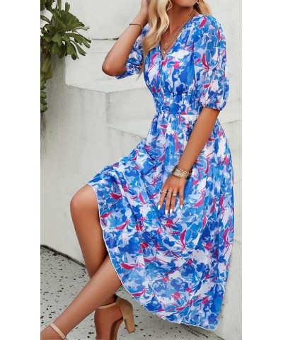 Women's Boho Floral Print Square Neck Beach Party Flowy Ruffle Midi Dress G-blue $17.33 Dresses