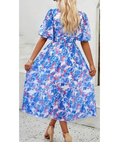 Women's Boho Floral Print Square Neck Beach Party Flowy Ruffle Midi Dress G-blue $17.33 Dresses