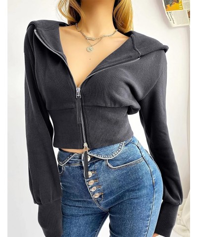 Women's Cropped Hoodie Double Zipper Long Sleeve Workout Sweatshirt Crop Tops Grey $26.39 Activewear