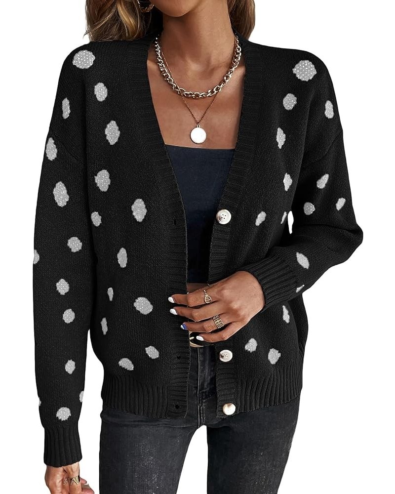 Women's Dots Pattern Button Down Cardigan V Neck Long Sleeve Sweater Top Black $20.64 Sweaters