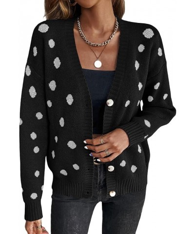 Women's Dots Pattern Button Down Cardigan V Neck Long Sleeve Sweater Top Black $20.64 Sweaters