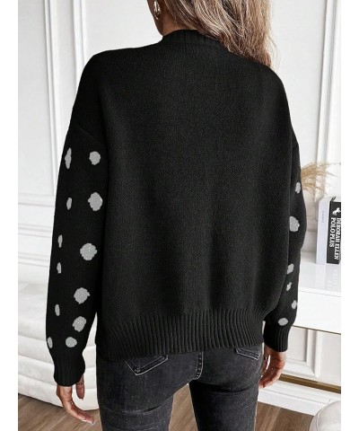 Women's Dots Pattern Button Down Cardigan V Neck Long Sleeve Sweater Top Black $20.64 Sweaters