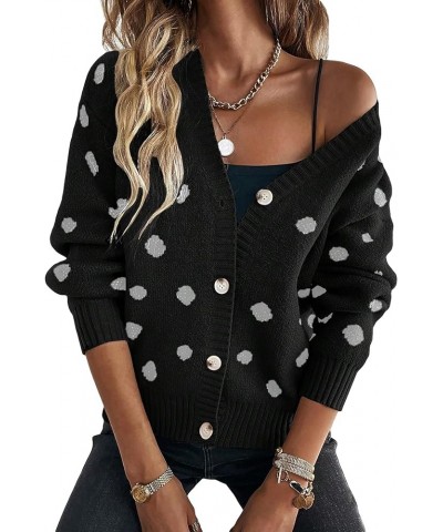 Women's Dots Pattern Button Down Cardigan V Neck Long Sleeve Sweater Top Black $20.64 Sweaters