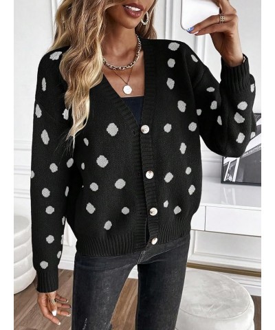 Women's Dots Pattern Button Down Cardigan V Neck Long Sleeve Sweater Top Black $20.64 Sweaters