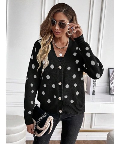 Women's Dots Pattern Button Down Cardigan V Neck Long Sleeve Sweater Top Black $20.64 Sweaters