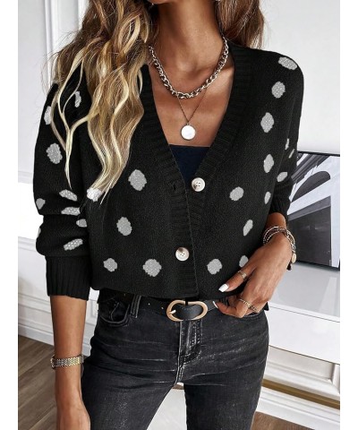 Women's Dots Pattern Button Down Cardigan V Neck Long Sleeve Sweater Top Black $20.64 Sweaters