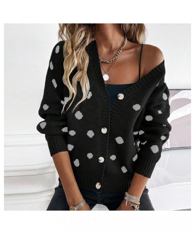 Women's Dots Pattern Button Down Cardigan V Neck Long Sleeve Sweater Top Black $20.64 Sweaters