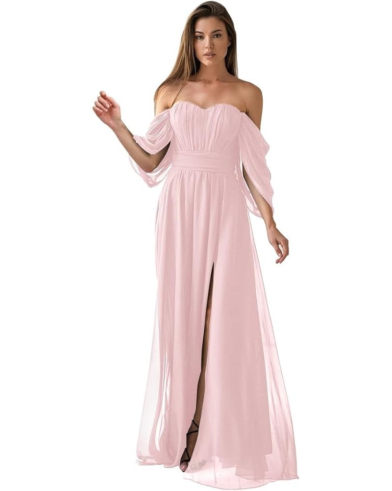 Women's Formal Dresses Plus Size Black Bridesmaid Dresses Off The Shoulder Chiffon Wedding Guest Dresses with Slit Pink $26.0...