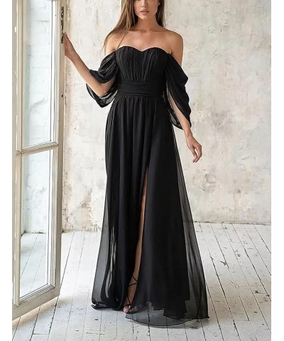 Women's Formal Dresses Plus Size Black Bridesmaid Dresses Off The Shoulder Chiffon Wedding Guest Dresses with Slit Pink $26.0...