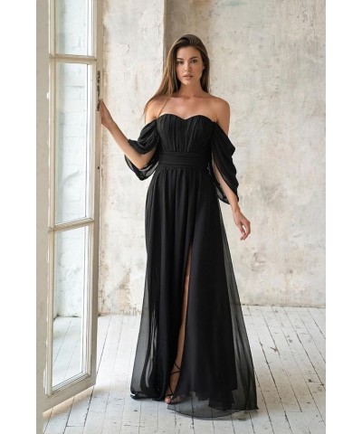 Women's Formal Dresses Plus Size Black Bridesmaid Dresses Off The Shoulder Chiffon Wedding Guest Dresses with Slit Pink $26.0...