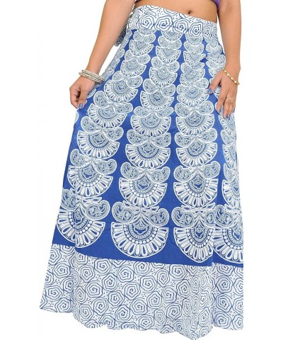 Wrap-Around Long Skirt with Block-Print in Pastel Colors - Pure Cotton Princess Blue $18.24 Skirts