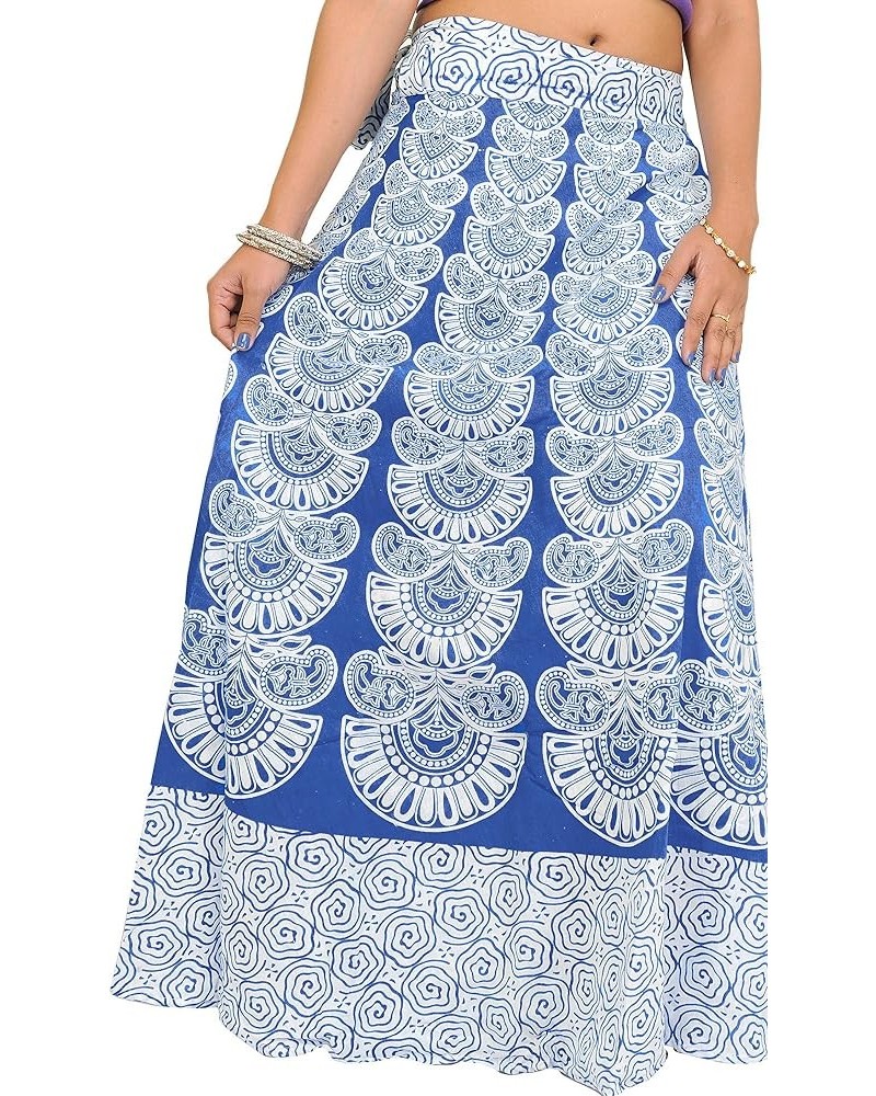 Wrap-Around Long Skirt with Block-Print in Pastel Colors - Pure Cotton Princess Blue $18.24 Skirts