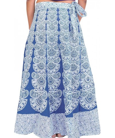 Wrap-Around Long Skirt with Block-Print in Pastel Colors - Pure Cotton Princess Blue $18.24 Skirts