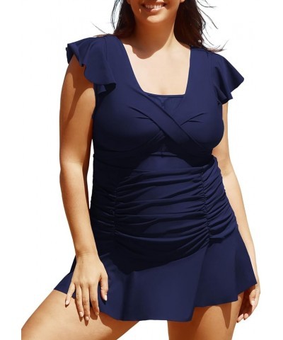 Women's Plus Size One Piece Swim Dress with Ruffle Short Sleeves Mesh Hollow Out Swimsuits with Skirt Blue Black $19.43 Swims...