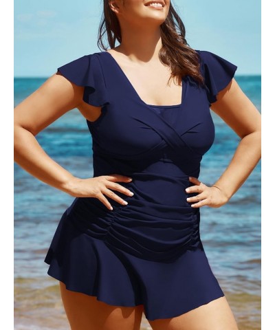 Women's Plus Size One Piece Swim Dress with Ruffle Short Sleeves Mesh Hollow Out Swimsuits with Skirt Blue Black $19.43 Swims...