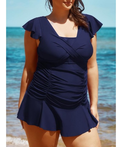 Women's Plus Size One Piece Swim Dress with Ruffle Short Sleeves Mesh Hollow Out Swimsuits with Skirt Blue Black $19.43 Swims...