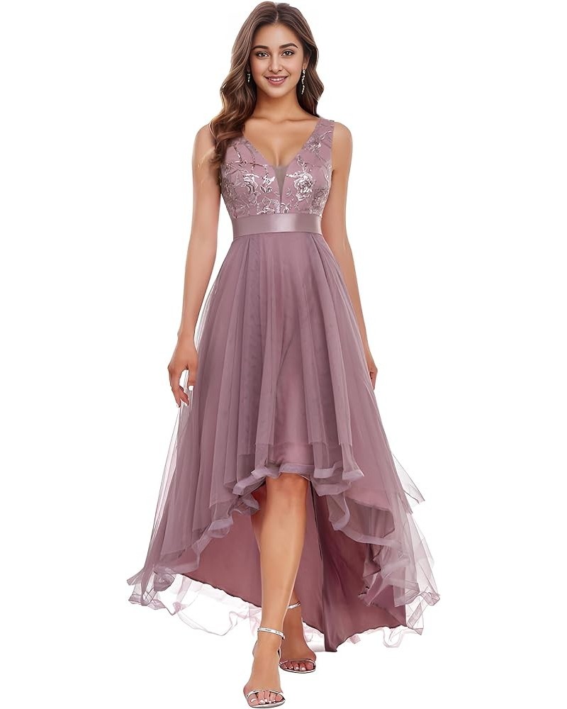 Women's Sleeveless V-Neck Evening Dress Appliques Tulle High Low Bridesmaid Dresses 00793-AS Orchid $40.14 Dresses