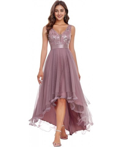 Women's Sleeveless V-Neck Evening Dress Appliques Tulle High Low Bridesmaid Dresses 00793-AS Orchid $40.14 Dresses