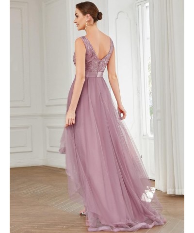 Women's Sleeveless V-Neck Evening Dress Appliques Tulle High Low Bridesmaid Dresses 00793-AS Orchid $40.14 Dresses