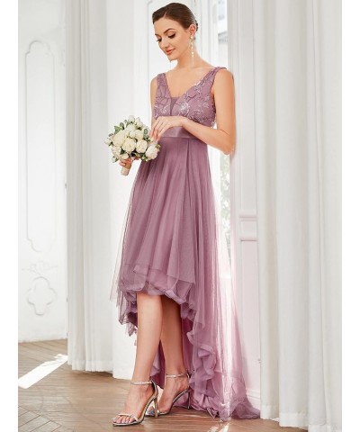 Women's Sleeveless V-Neck Evening Dress Appliques Tulle High Low Bridesmaid Dresses 00793-AS Orchid $40.14 Dresses