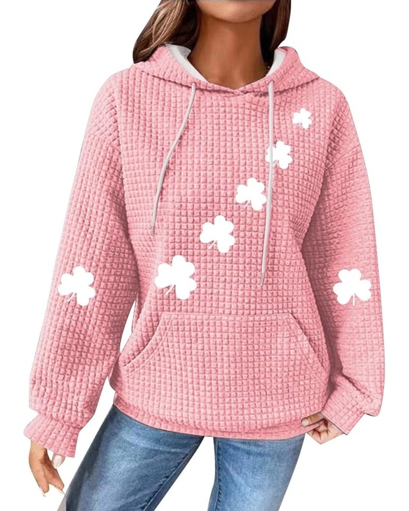 St Patricks Day Hoodies Women Waffle Knit Plus Size Sweatshits Shamrock Graphic Irish Pullover Tops With Pockets 2024 A-pink ...