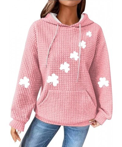 St Patricks Day Hoodies Women Waffle Knit Plus Size Sweatshits Shamrock Graphic Irish Pullover Tops With Pockets 2024 A-pink ...