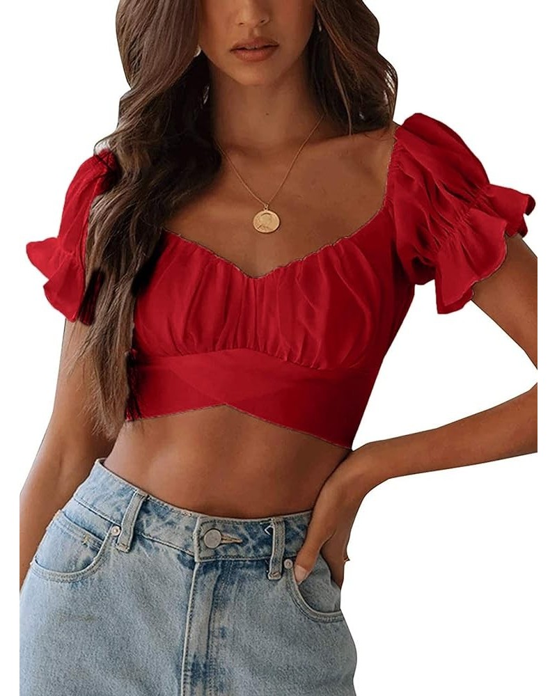 Womens Tie Up Back Crop Ruffle Blouse Short Sleeve Off Shoulder Blouse Tops Red $6.75 Blouses