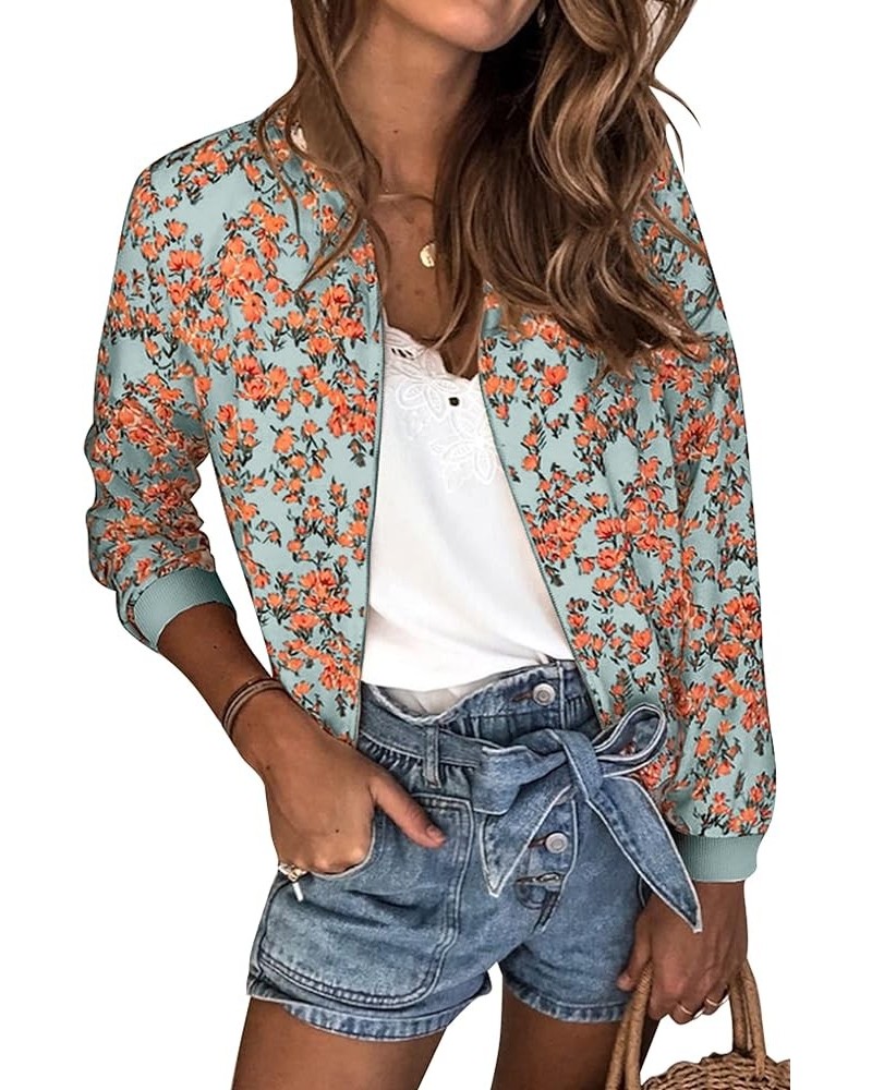 Women's Casual Floral Zip Up Bomber Jacket Coat Stand Collar Lightweight Short Outwear Tops 333 Blue Flower $19.32 Jackets