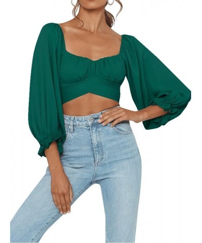 Women's Cute Off Shoulder Long Sleeve Self Tie Knot Crop Tube Top Blouse Dark Green $16.63 Blouses