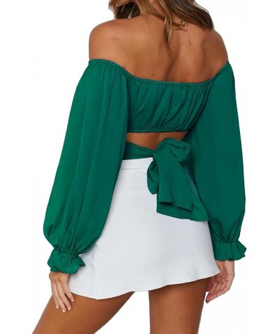 Women's Cute Off Shoulder Long Sleeve Self Tie Knot Crop Tube Top Blouse Dark Green $16.63 Blouses