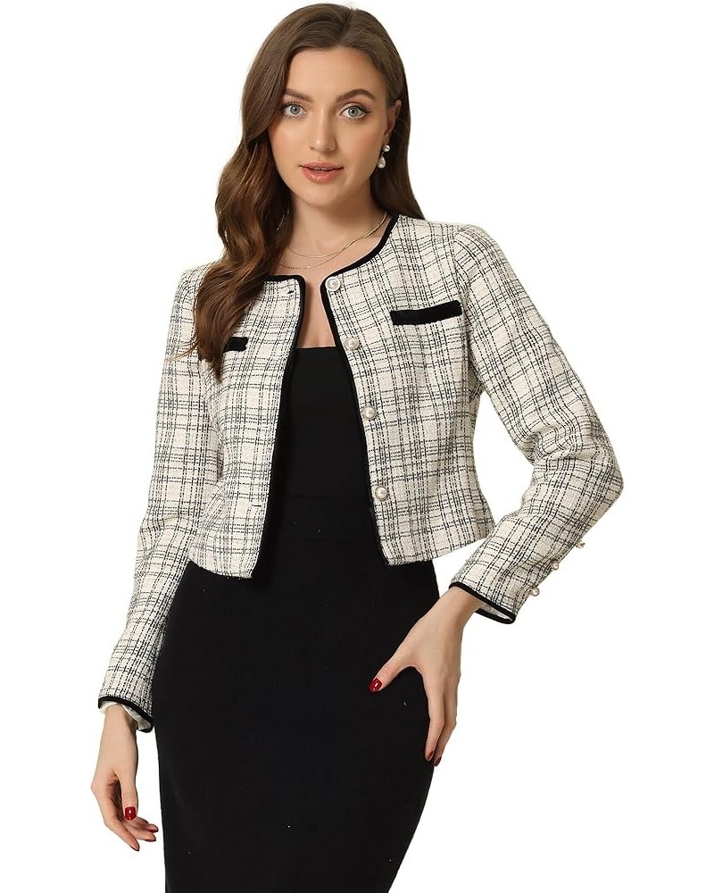 Tweed Jacket for Women's Long Sleeve Casual Work Office Plaid Short Outwear Black White $26.19 Jackets