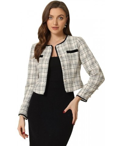 Tweed Jacket for Women's Long Sleeve Casual Work Office Plaid Short Outwear Black White $26.19 Jackets