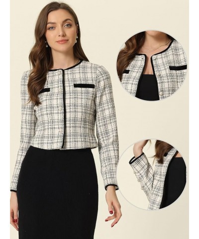 Tweed Jacket for Women's Long Sleeve Casual Work Office Plaid Short Outwear Black White $26.19 Jackets