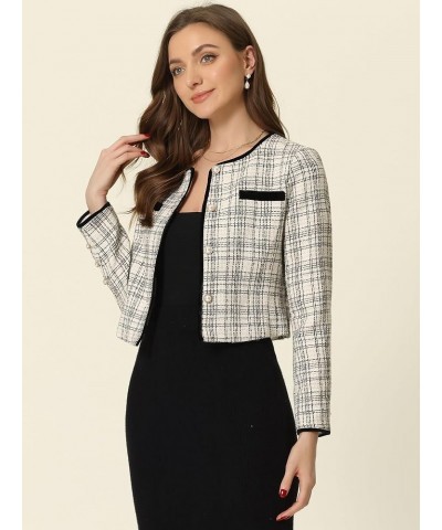 Tweed Jacket for Women's Long Sleeve Casual Work Office Plaid Short Outwear Black White $26.19 Jackets