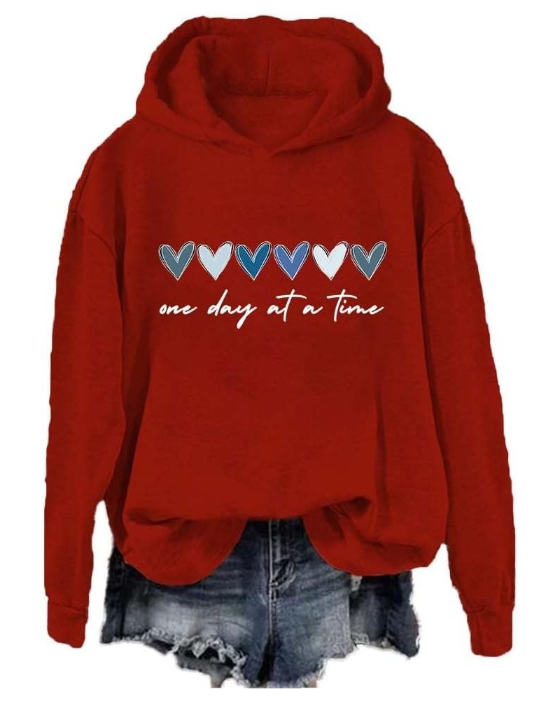 One Day At A Time Mental Health Awareness Inspirational Quotes Heart Print Hoodie Pullover Red $15.33 Hoodies & Sweatshirts