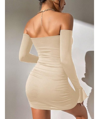 Women's Petite Off Shoulder Long Sleeve Cut Out Tie Front Bodycon Mini Dress Apricot $14.00 Dresses