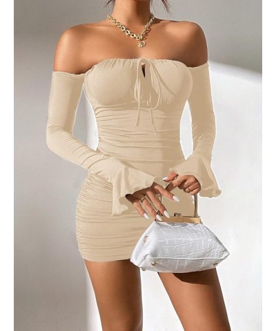 Women's Petite Off Shoulder Long Sleeve Cut Out Tie Front Bodycon Mini Dress Apricot $14.00 Dresses