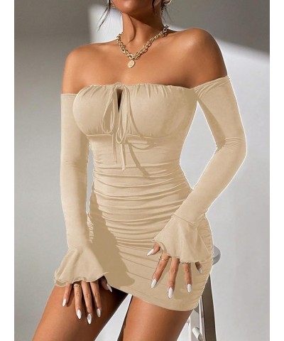 Women's Petite Off Shoulder Long Sleeve Cut Out Tie Front Bodycon Mini Dress Apricot $14.00 Dresses