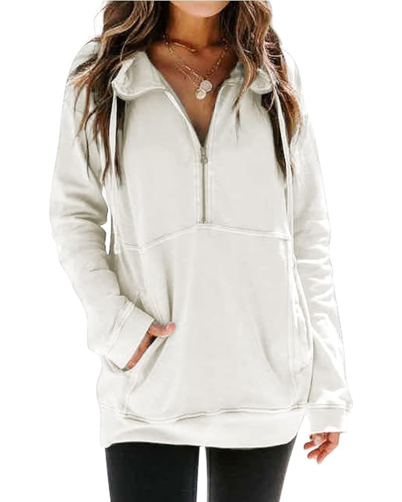 Women's Casual Long Sleeve Half Zip Sweatshirt Lapel Drawstring Oversized Pullover Tops with Pockets（S-2XL 03 White $23.77 Ho...