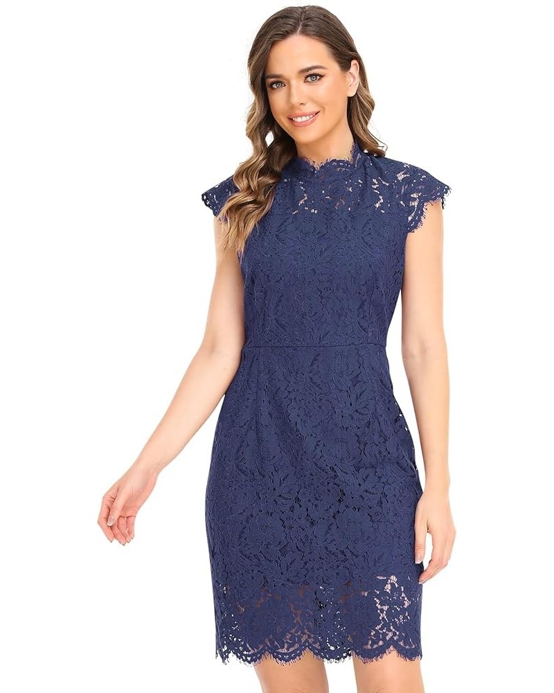 Women's Floral Lace Cocktail Dresses Wedding Guest Crew Neck Elegant Formal Dress for Party Navy $16.79 Dresses