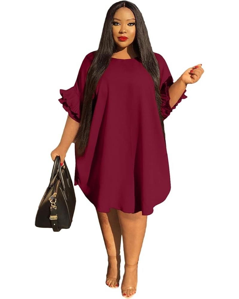 Women's Casual Vintage Ruffle Sleeve Loose Party Midi Plus Size Dress Casual Summer Winered $17.84 Dresses