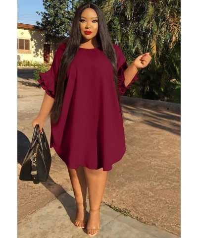 Women's Casual Vintage Ruffle Sleeve Loose Party Midi Plus Size Dress Casual Summer Winered $17.84 Dresses