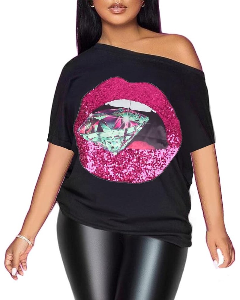 Womens Off The Shoulder Tops Sexy Shiny Shirts Short Sleeves Funny Graphic T-Shirt Blouses Black+ Green Diamond $17.59 Blouses