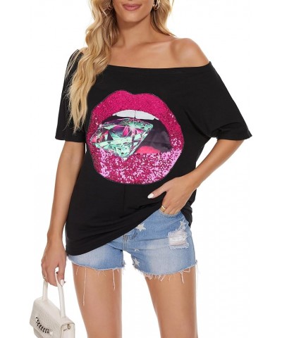 Womens Off The Shoulder Tops Sexy Shiny Shirts Short Sleeves Funny Graphic T-Shirt Blouses Black+ Green Diamond $17.59 Blouses