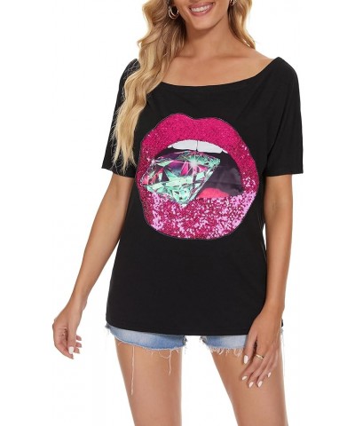 Womens Off The Shoulder Tops Sexy Shiny Shirts Short Sleeves Funny Graphic T-Shirt Blouses Black+ Green Diamond $17.59 Blouses