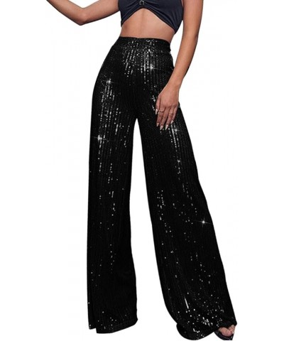 Sequin Pants for Women Wide Leg Elastic High Waist Sparkle Pants Bling Shiny Glitter Loose Bell Bottom Trousers Black $11.50 ...