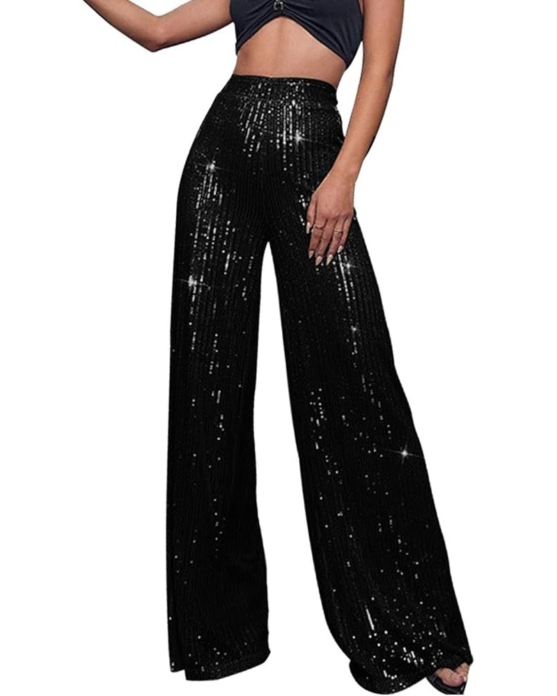 Sequin Pants for Women Wide Leg Elastic High Waist Sparkle Pants Bling Shiny Glitter Loose Bell Bottom Trousers Black $11.50 ...