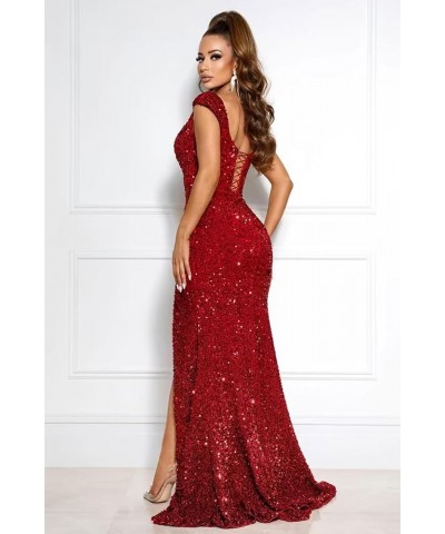 Women's Off The Shoulder Sequin Prom Dresses High Split Formal Evening Gown Navy Blue $33.14 Dresses