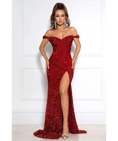 Women's Off The Shoulder Sequin Prom Dresses High Split Formal Evening Gown Navy Blue $33.14 Dresses