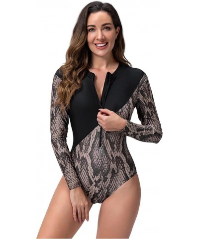 Women One Piece Bathing Suit Short Sleeve Tummy Control Swimsuit Zipper Surfing UPF 50+ Rash Guard Serpentine $13.67 Swimsuits